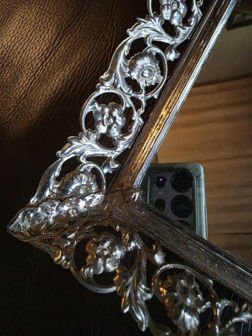 Vintage Ornate Metal Filigree Mirrored Vanity Tray Rectangular Floral Scroll